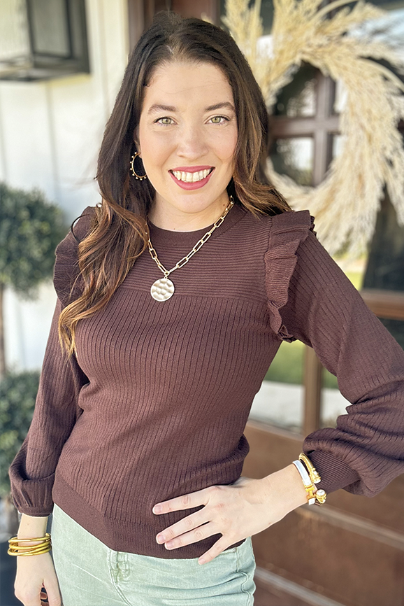 Chocolate Ruffle Shoulder Sweater